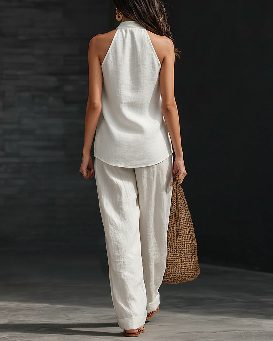 Zoe | Completo con Top Allacciato al Collo e Pantalone a Gamba Larga, Bianco
