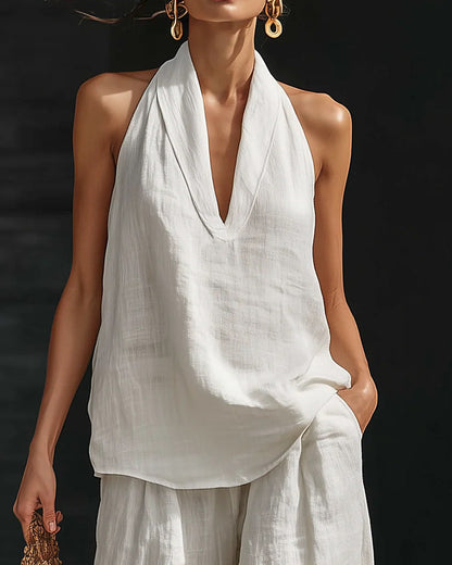 Zoe | Completo con Top Allacciato al Collo e Pantalone a Gamba Larga, Bianco