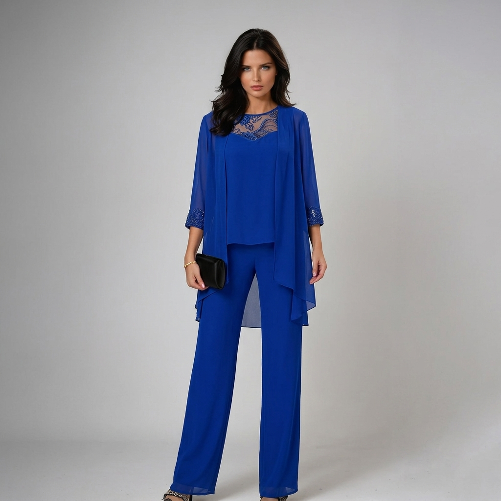 Itziar | Completo Donna Tre Pezzi in Chiffon con Strass e Pantalone Ampio