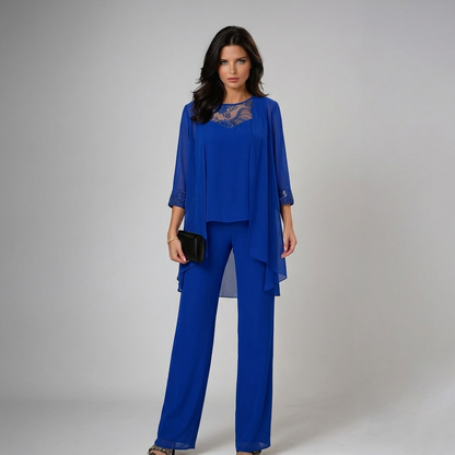 Itziar | Completo Donna Tre Pezzi in Chiffon con Strass e Pantalone Ampio