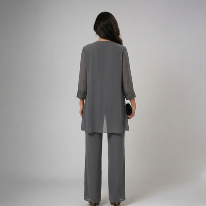 Itziar | Completo Donna Tre Pezzi in Chiffon con Strass e Pantalone Ampio
