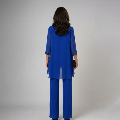 Itziar | Completo Donna Tre Pezzi in Chiffon con Strass e Pantalone Ampio
