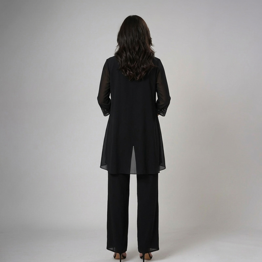 Itziar | Completo Donna Tre Pezzi in Chiffon con Strass e Pantalone Ampio