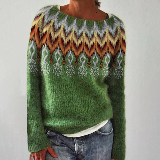 Josefa | Maglione Donna Verde con Carré Nordico Multicolore