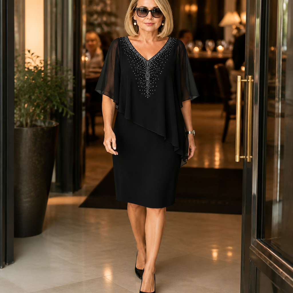 Joaquina | Abito Midi Donna da Cerimonia con Mantella in Chiffon