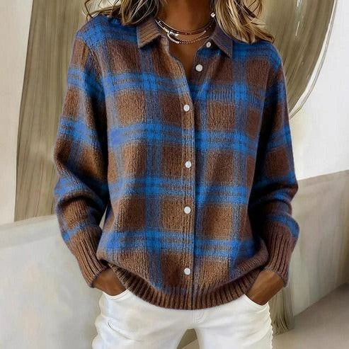 Nadia | Cardigan Donna in Maglia a Quadri Marrone Cioccolato