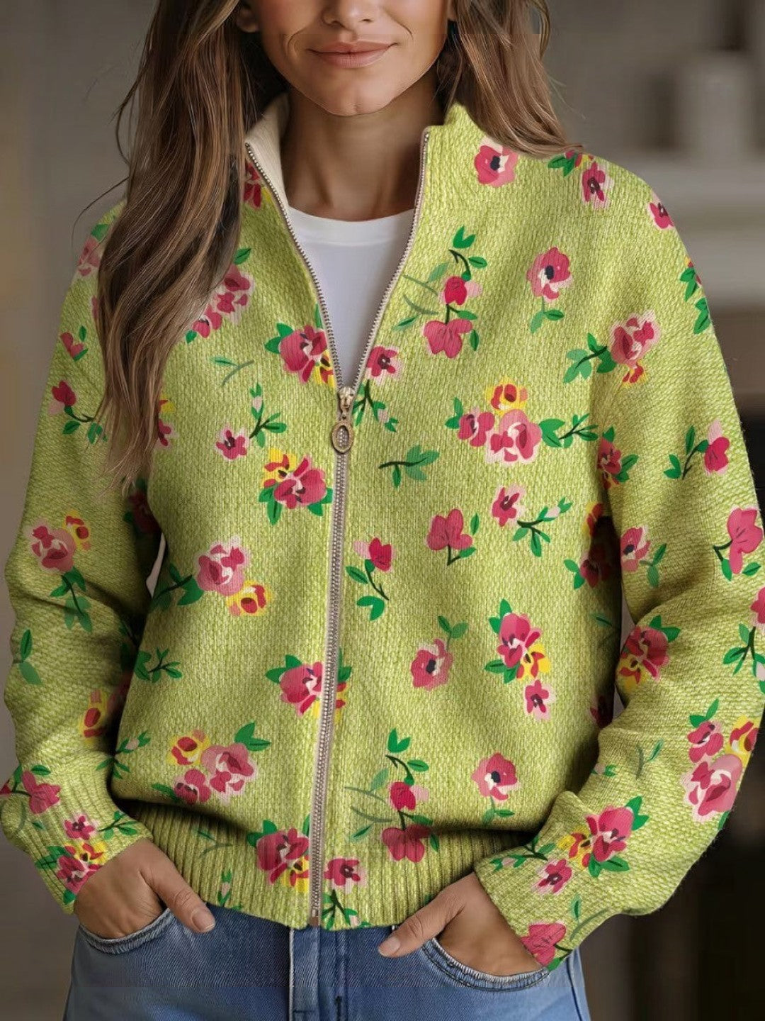 Elke | Cardigan Donna Verde a Fiori