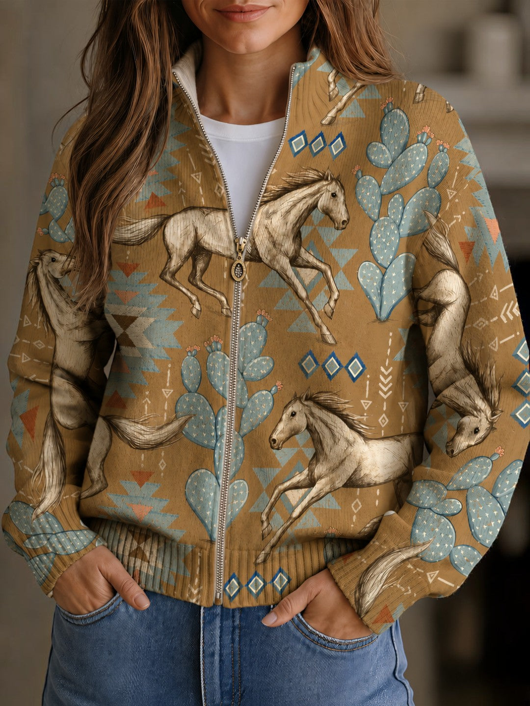 Brigitte | Cardigan Donna con Cavalli e Cactus