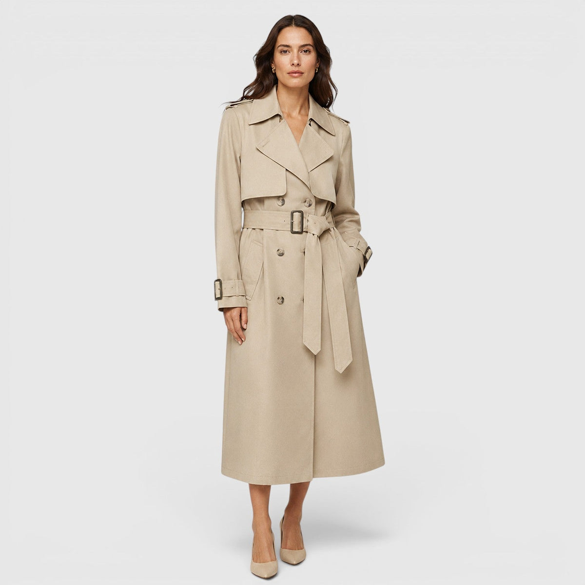 Trench Lungo Donna Doppiopetto con Cintura