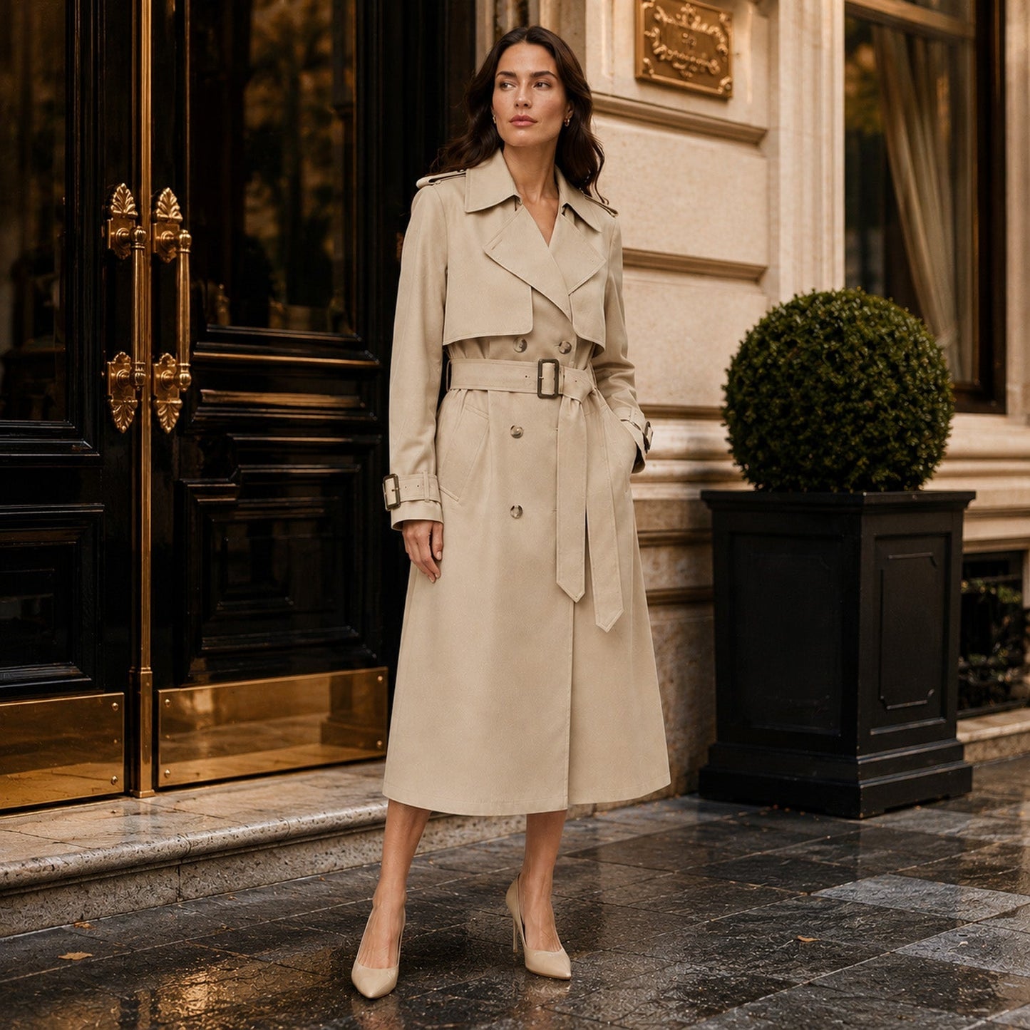 Trench Lungo Donna Doppiopetto con Cintura