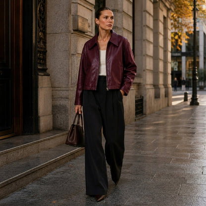 Giacca Donna Effetto Pelle con Zip e Tasche