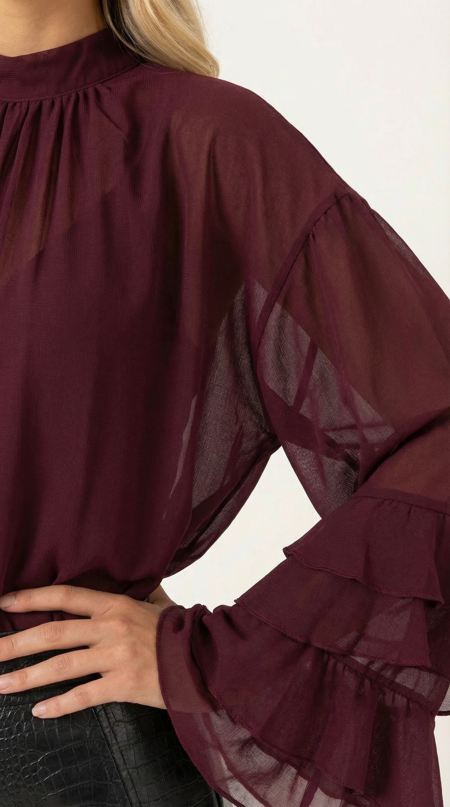 Blusa Donna Trasparente con Maniche a Volant