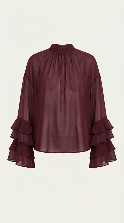Blusa Donna Trasparente con Maniche a Volant