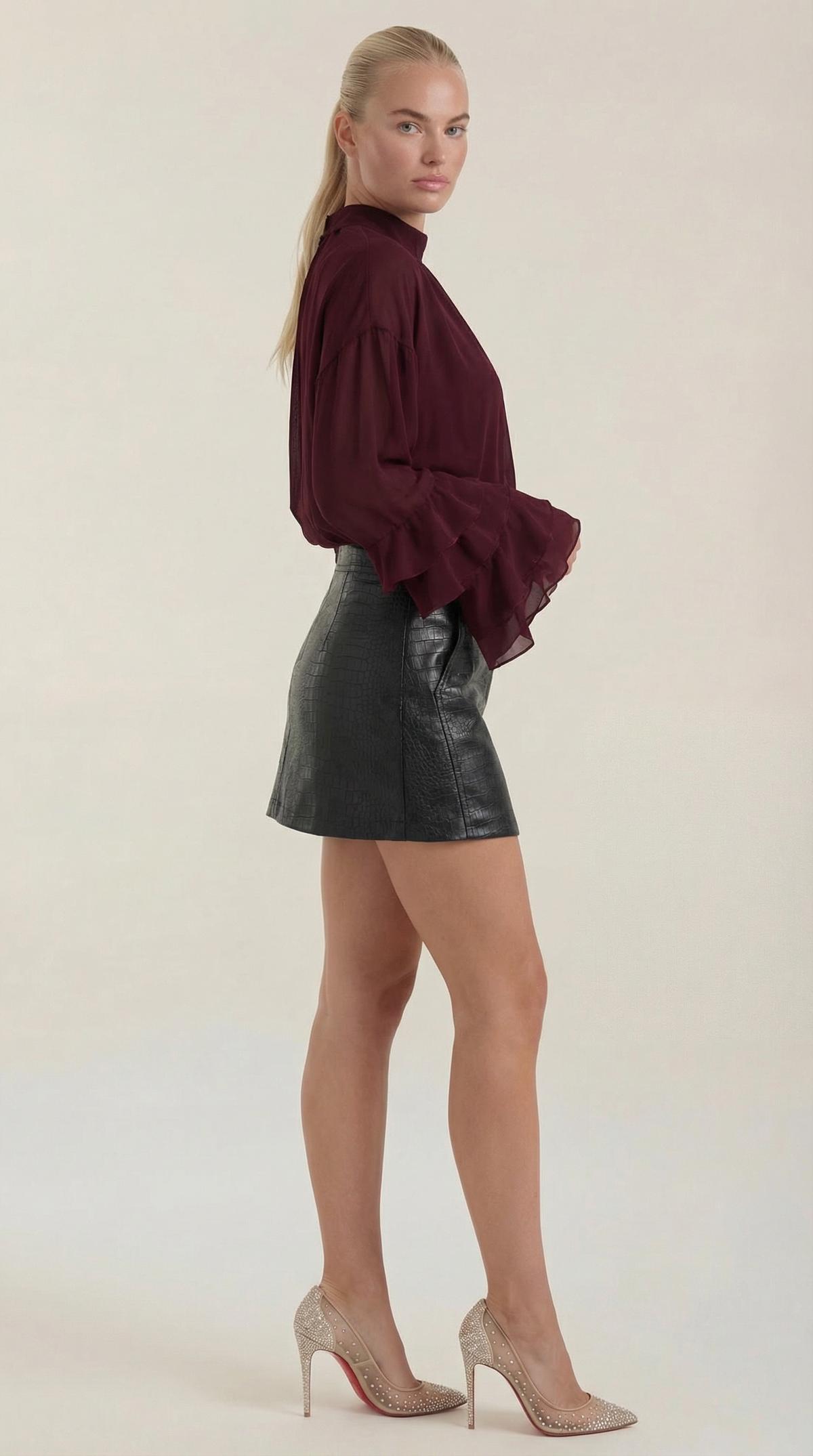 Blusa Donna Trasparente con Maniche a Volant