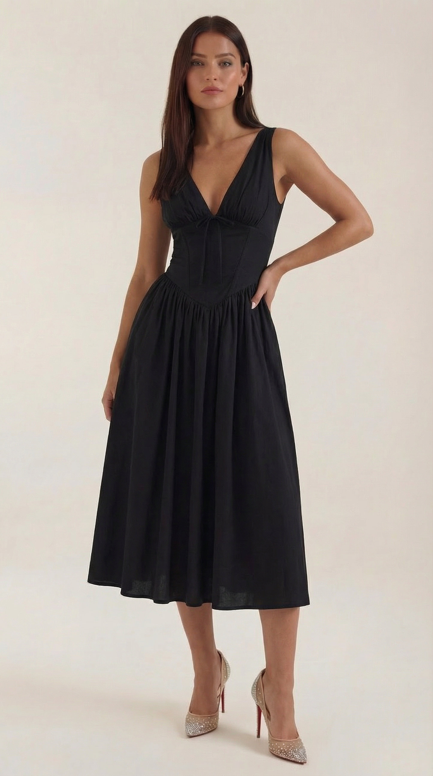 Abito Midi Donna Aderente con Scollo a V Profondo