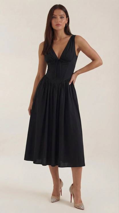 Abito Midi Donna Aderente con Scollo a V Profondo