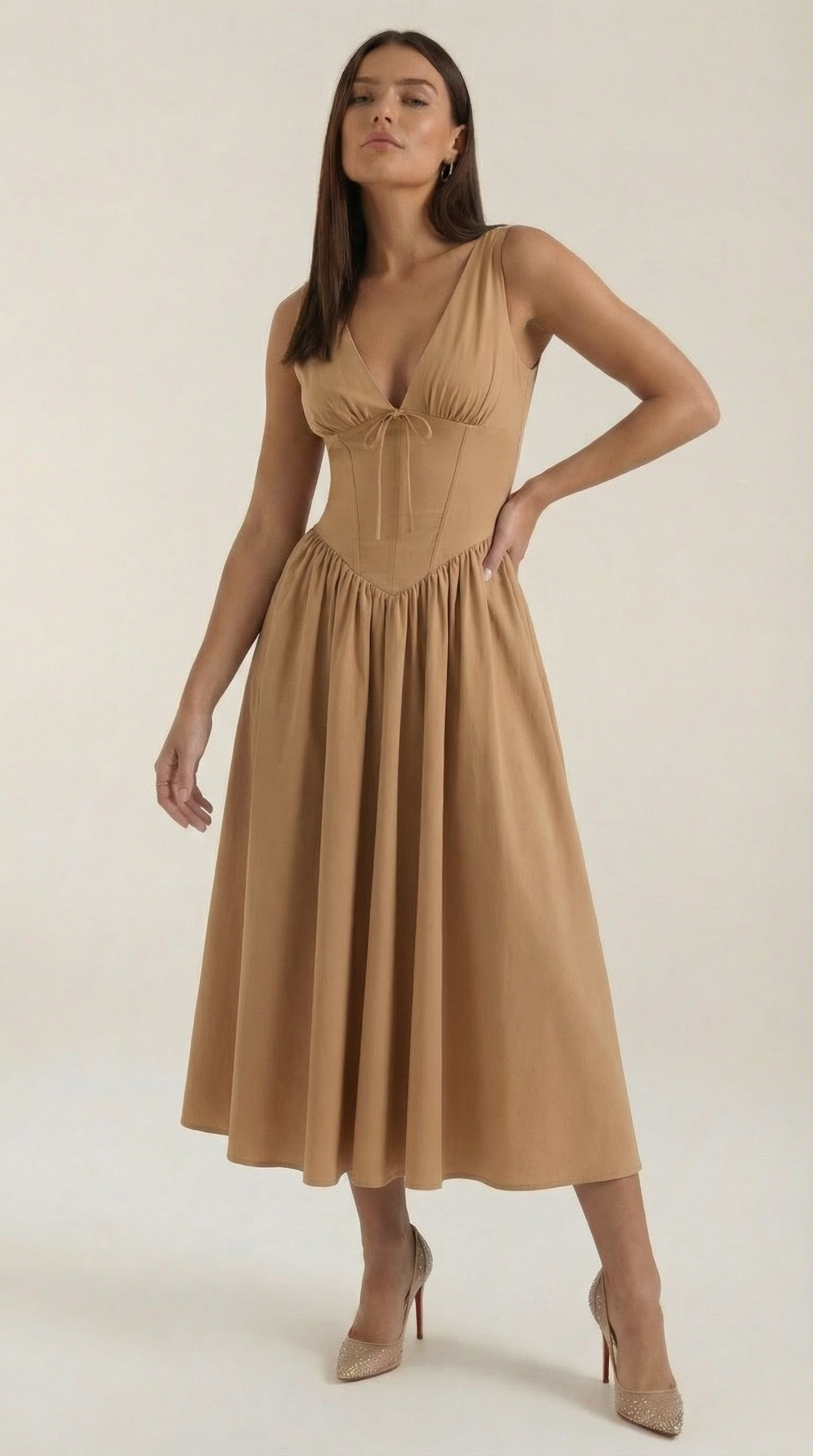 Abito Midi Donna Aderente con Scollo a V Profondo