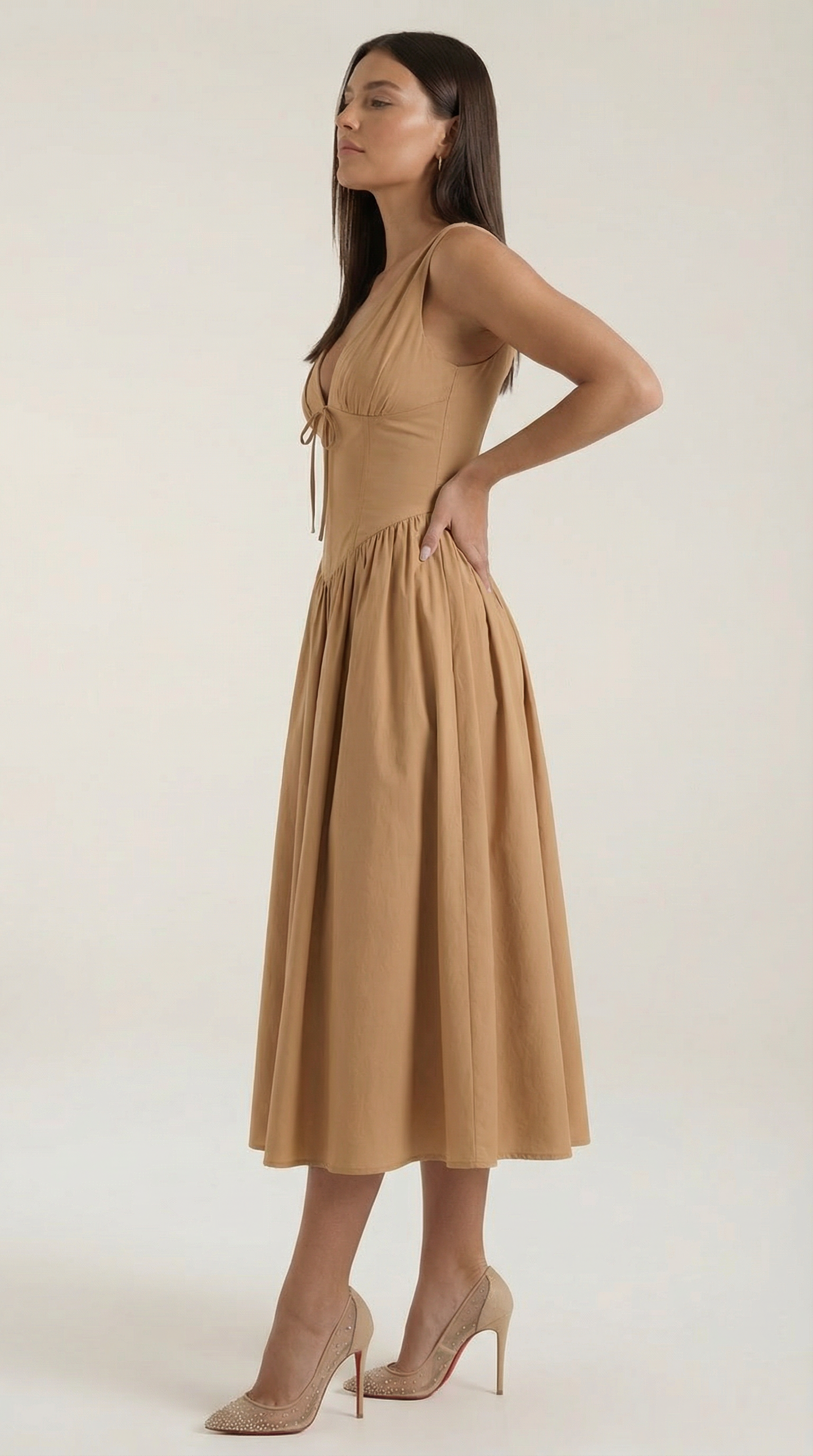 Abito Midi Donna Aderente con Scollo a V Profondo