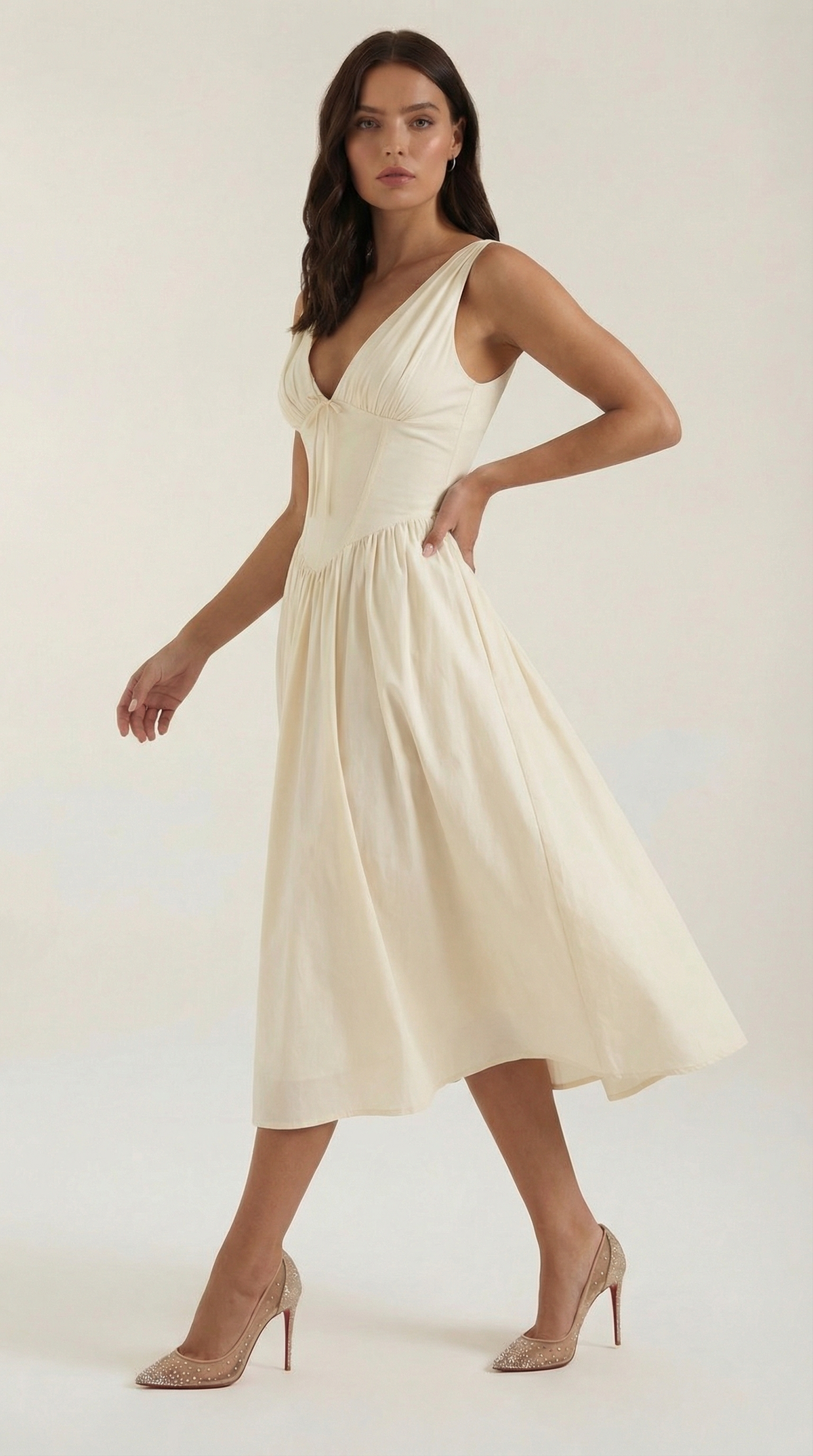 Abito Midi Donna Aderente con Scollo a V Profondo