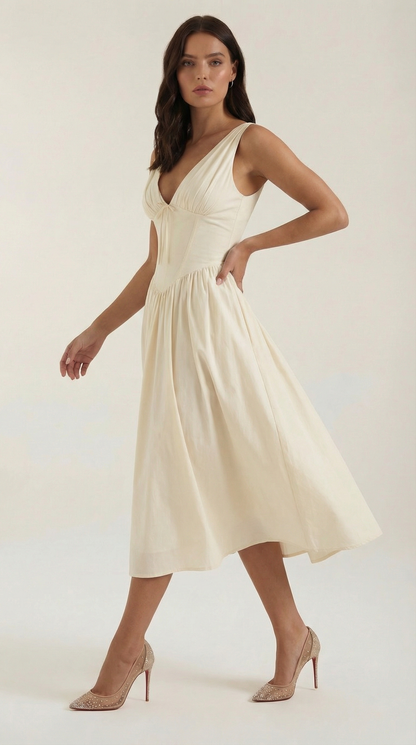 Abito Midi Donna Aderente con Scollo a V Profondo