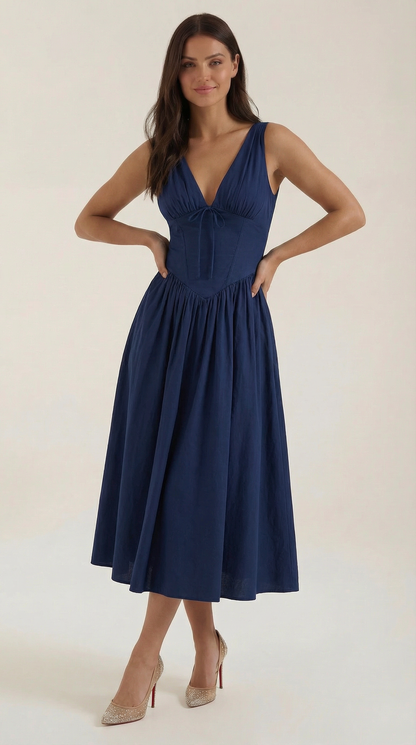 Abito Midi Donna Aderente con Scollo a V Profondo