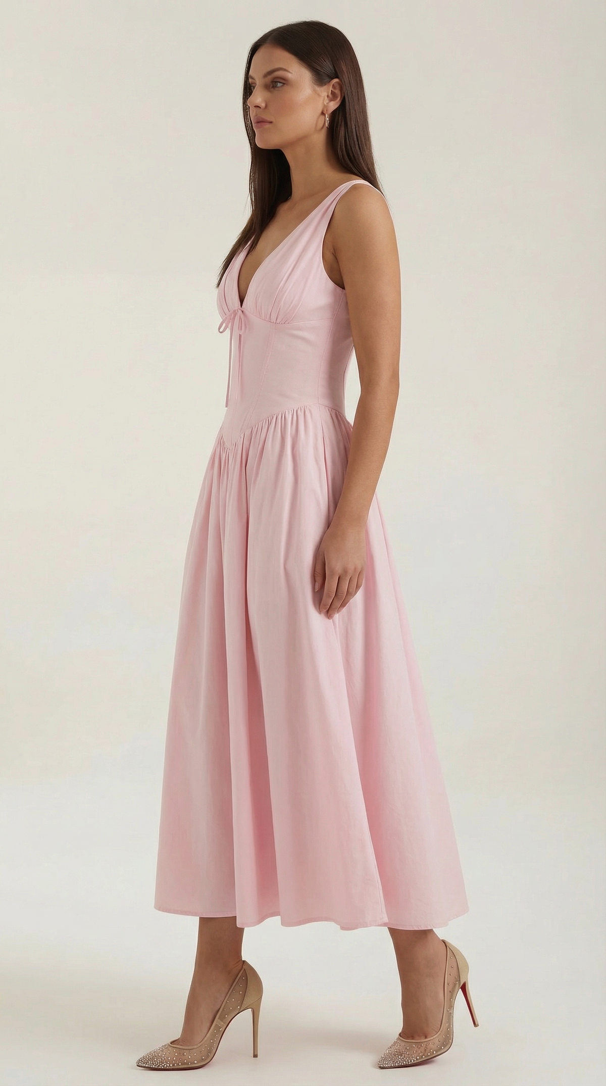 Abito Midi Donna Aderente con Scollo a V Profondo