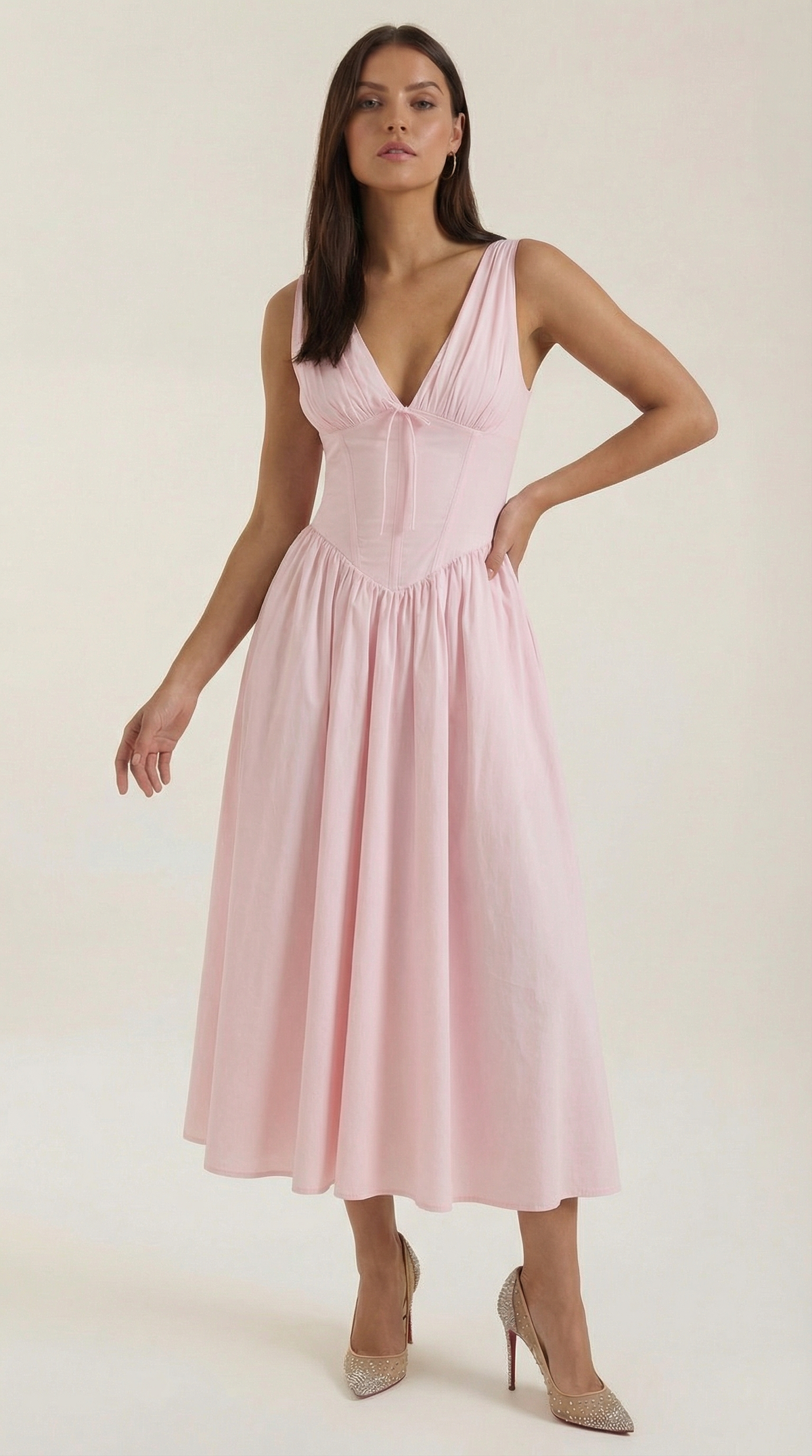 Abito Midi Donna Aderente con Scollo a V Profondo