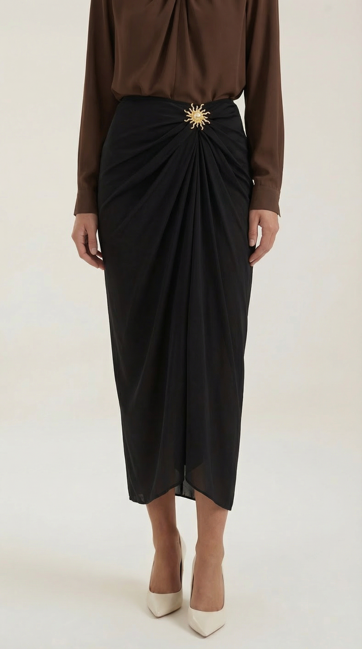 Gonna Midi Donna Drappeggiata con Dettaglio Dorato