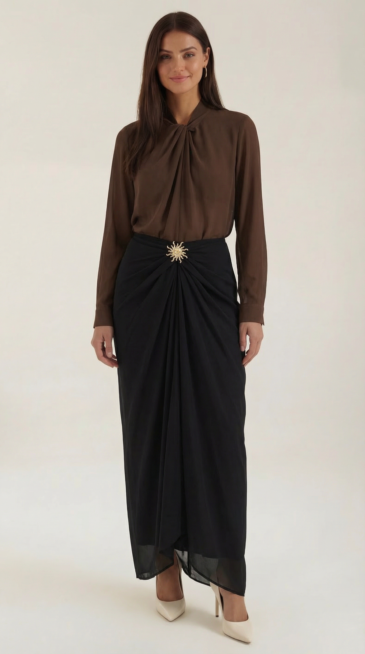 Gonna Midi Donna Drappeggiata con Dettaglio Dorato