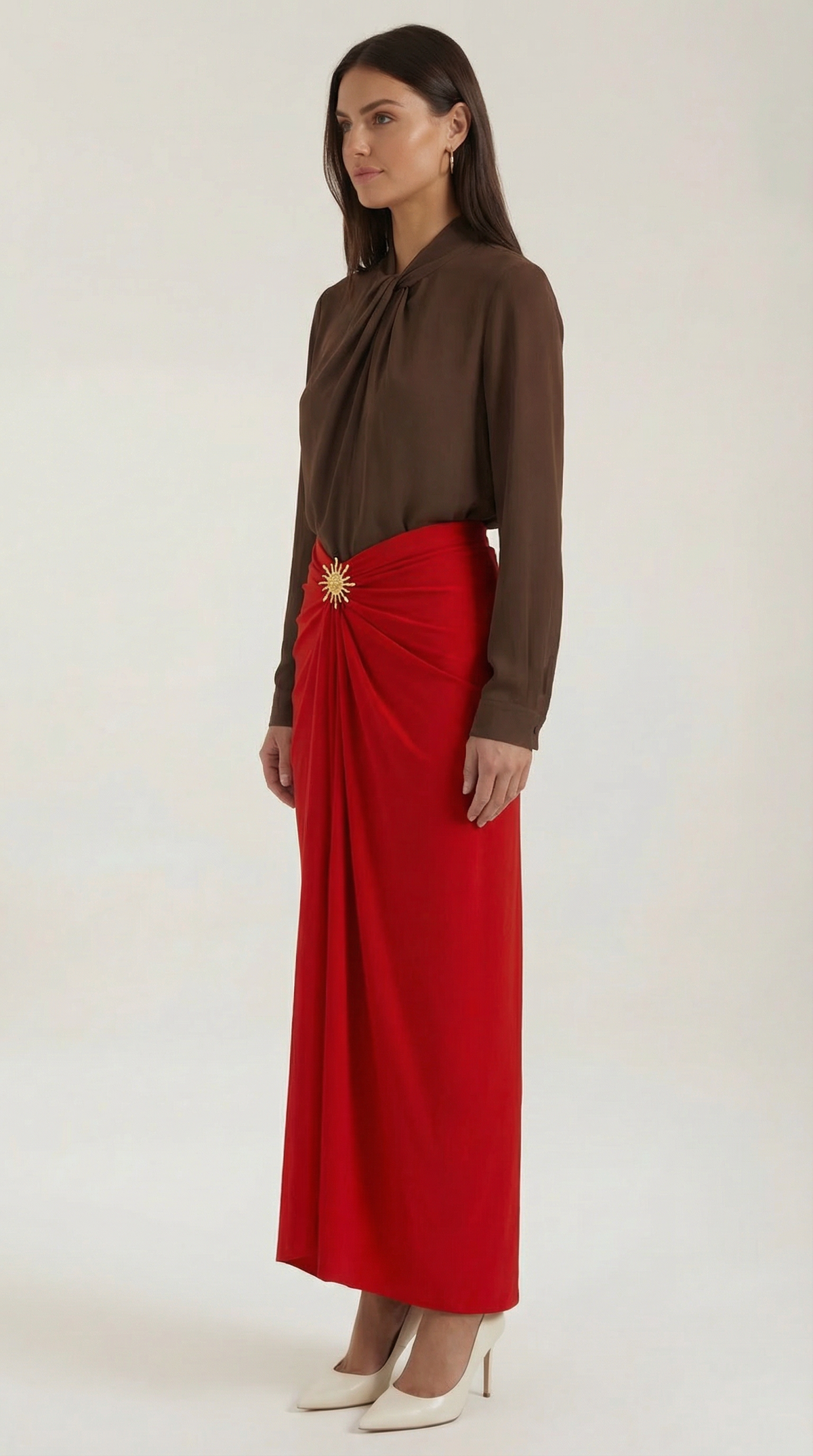 Gonna Midi Donna Drappeggiata con Dettaglio Dorato