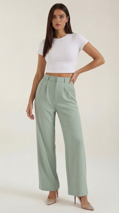 Pantaloni Chino Donna a Gamba Larga Vita Alta