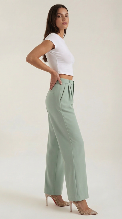 Pantaloni Chino Donna a Gamba Larga Vita Alta