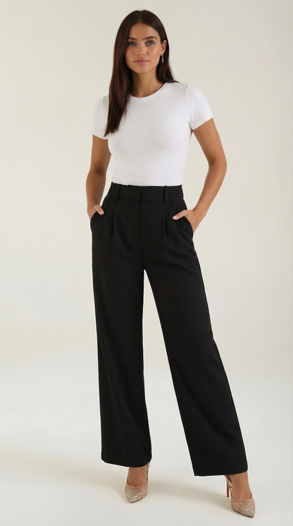Pantaloni Chino Donna a Gamba Larga Vita Alta