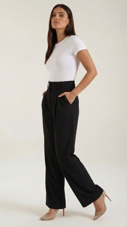 Pantaloni Chino Donna a Gamba Larga Vita Alta