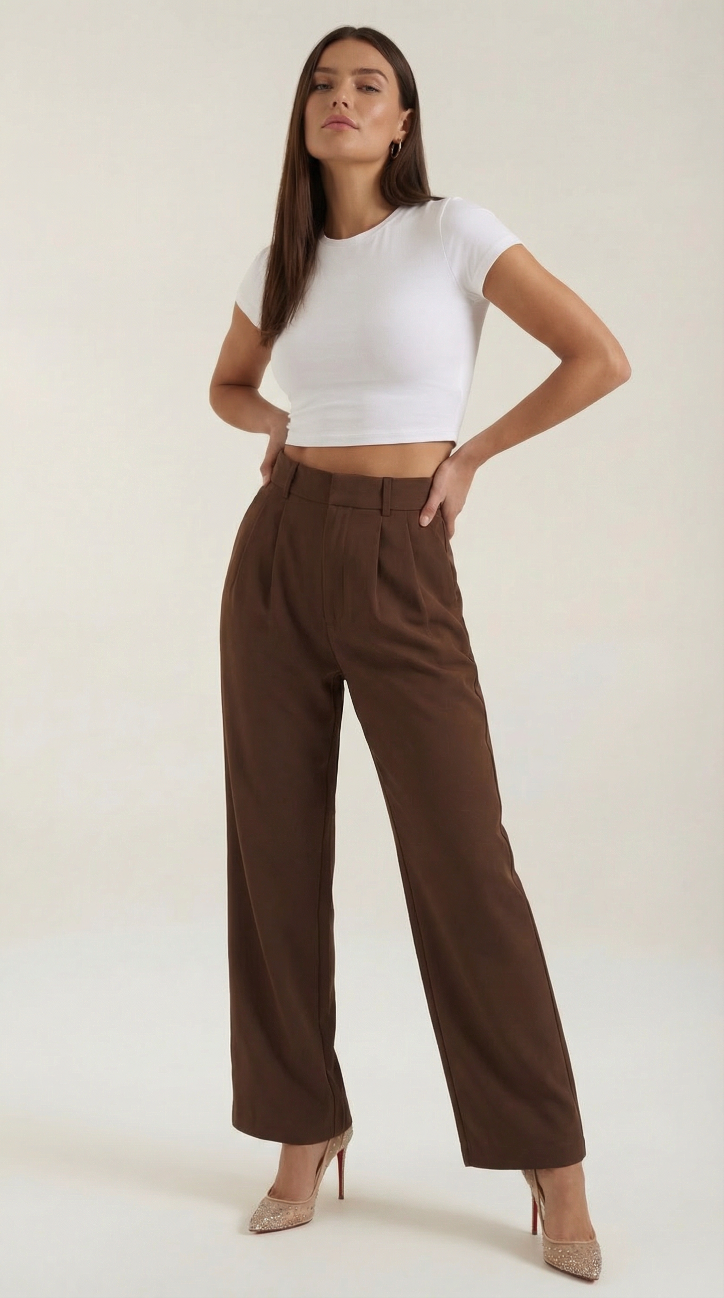 Pantaloni Chino Donna a Gamba Larga Vita Alta