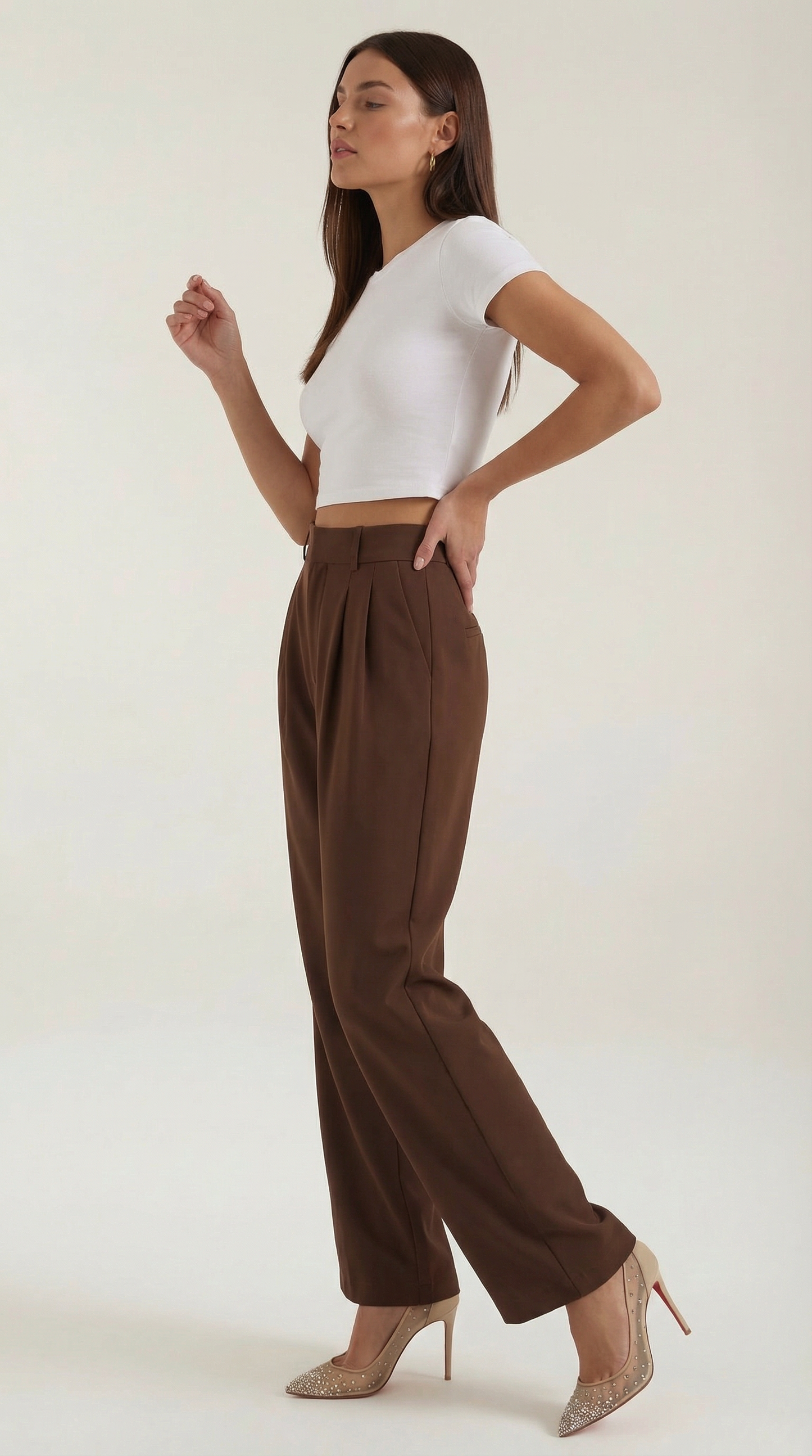 Pantaloni Chino Donna a Gamba Larga Vita Alta
