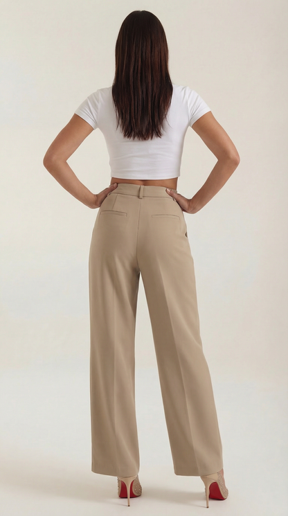 Pantaloni Chino Donna a Gamba Larga Vita Alta