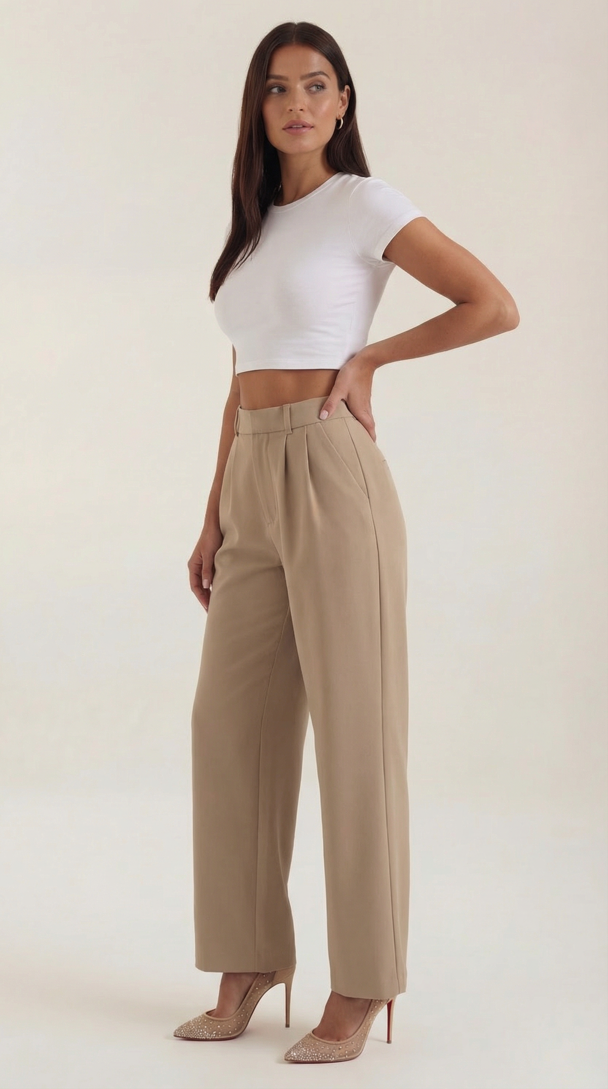 Pantaloni Chino Donna a Gamba Larga Vita Alta