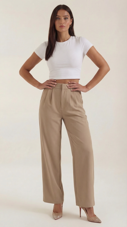 Pantaloni Chino Donna a Gamba Larga Vita Alta