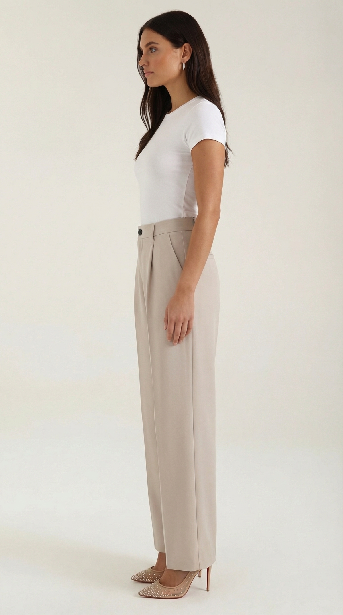 Pantaloni Chino Donna a Gamba Larga Vita Alta