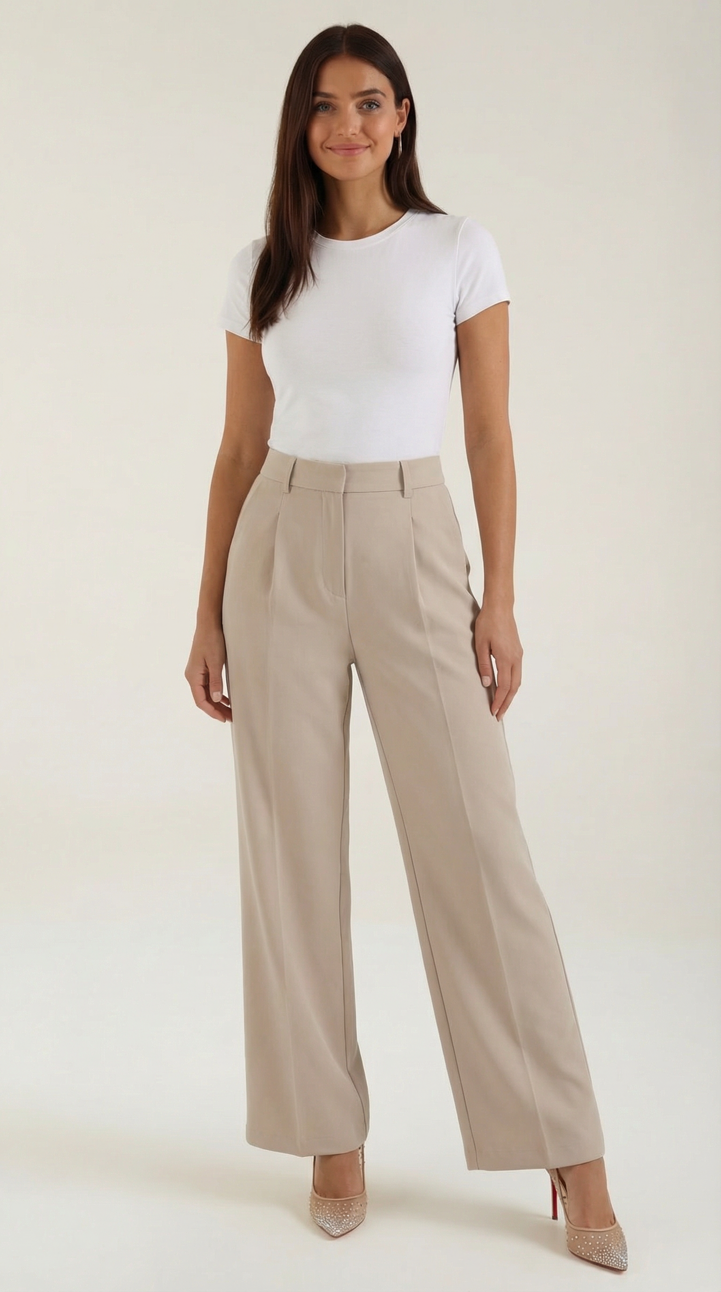 Pantaloni Chino Donna a Gamba Larga Vita Alta