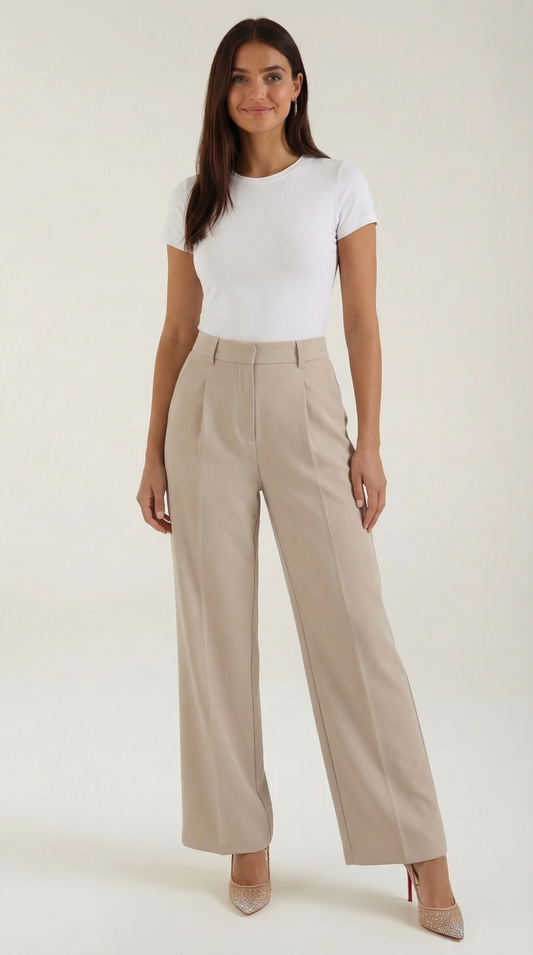 Pantaloni Chino Donna a Gamba Larga Vita Alta