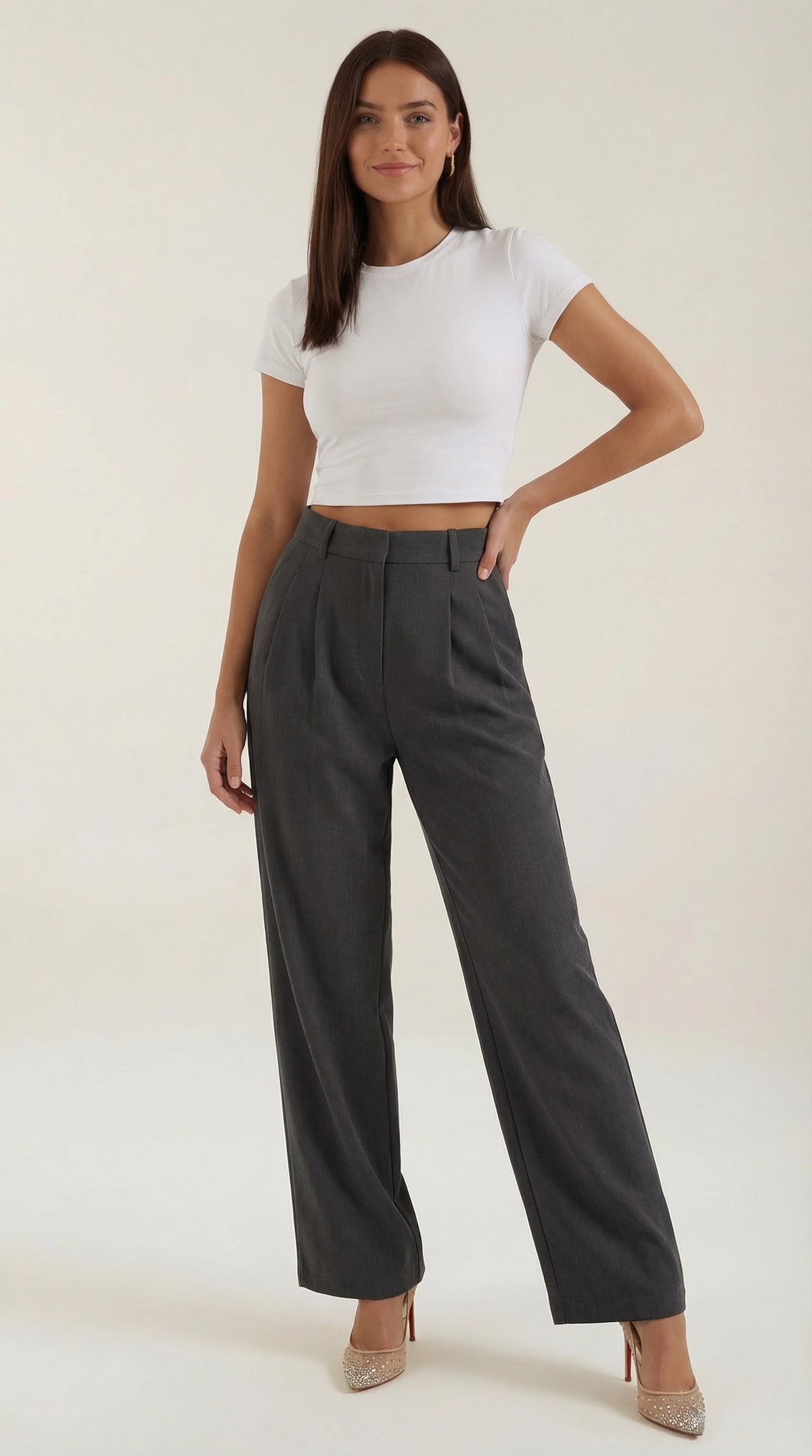 Pantaloni Chino Donna a Gamba Larga Vita Alta