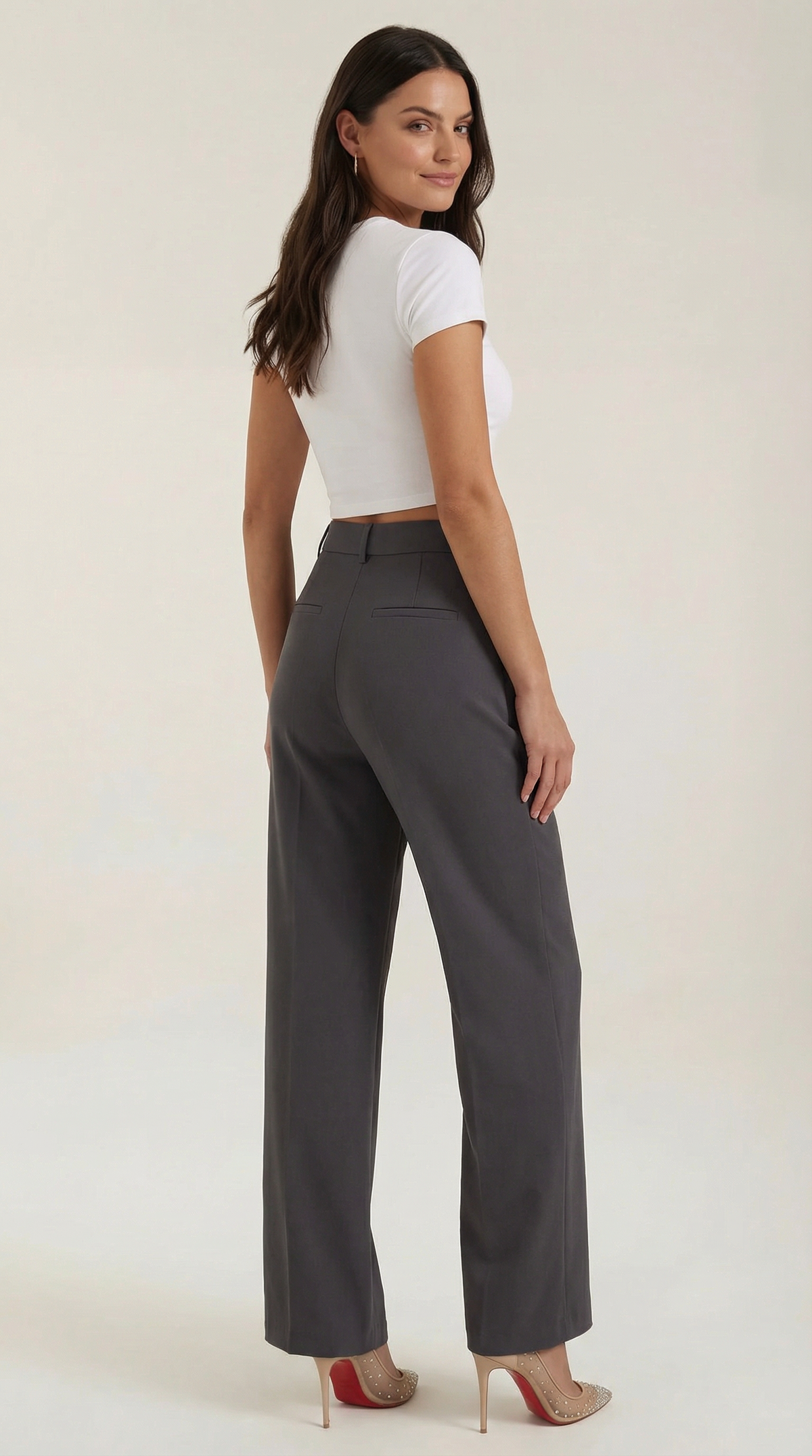 Pantaloni Chino Donna a Gamba Larga Vita Alta
