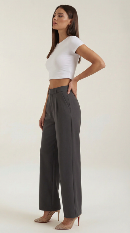 Pantaloni Chino Donna a Gamba Larga Vita Alta