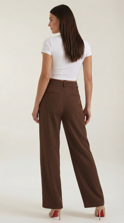 Pantaloni Chino Donna a Gamba Larga Vita Alta