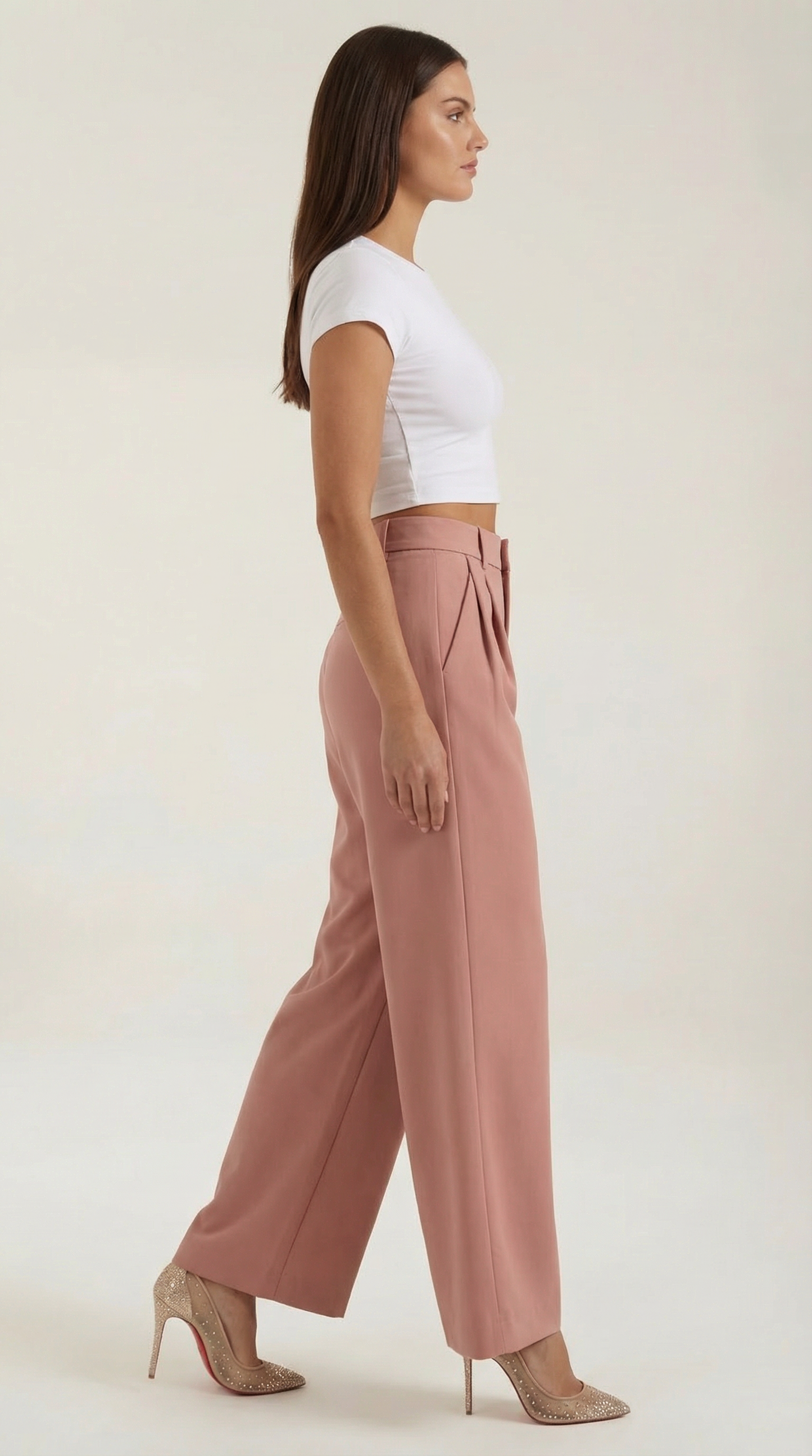 Pantaloni Chino Donna a Gamba Larga Vita Alta