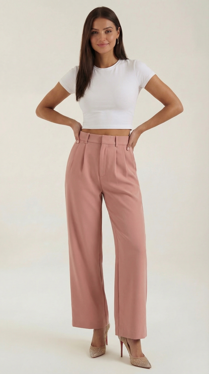 Pantaloni Chino Donna a Gamba Larga Vita Alta