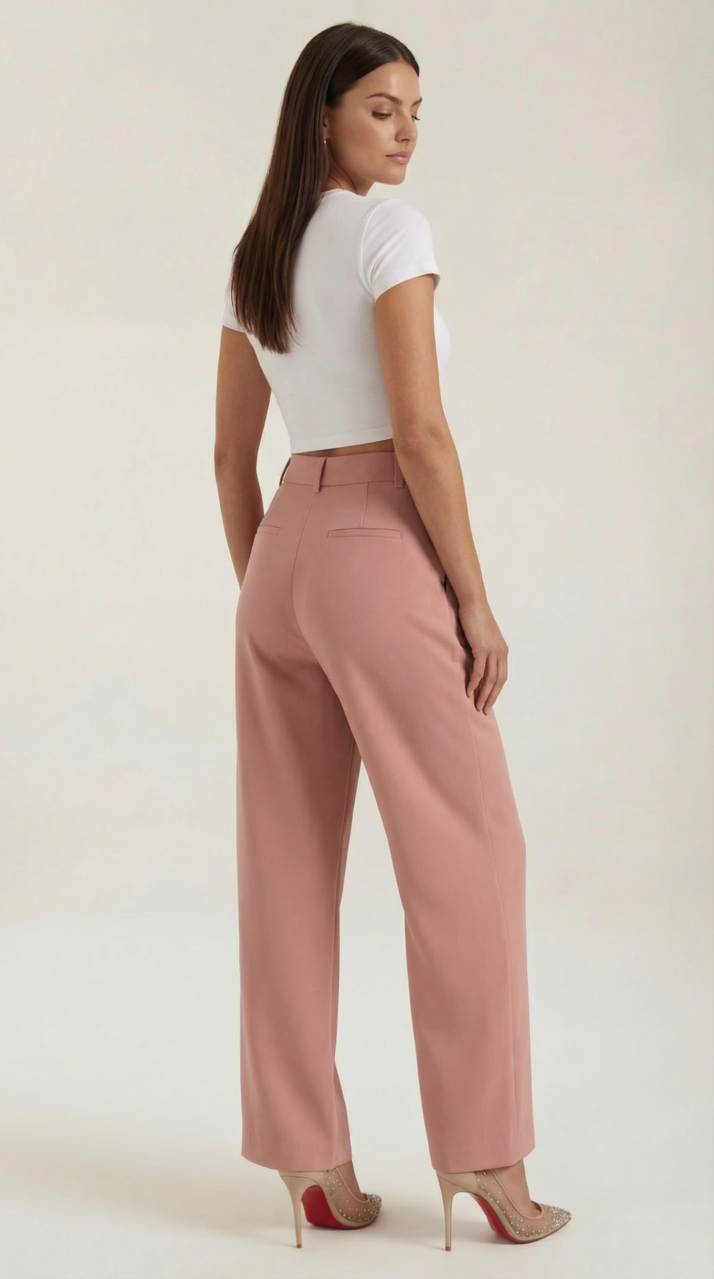 Pantaloni Chino Donna a Gamba Larga Vita Alta