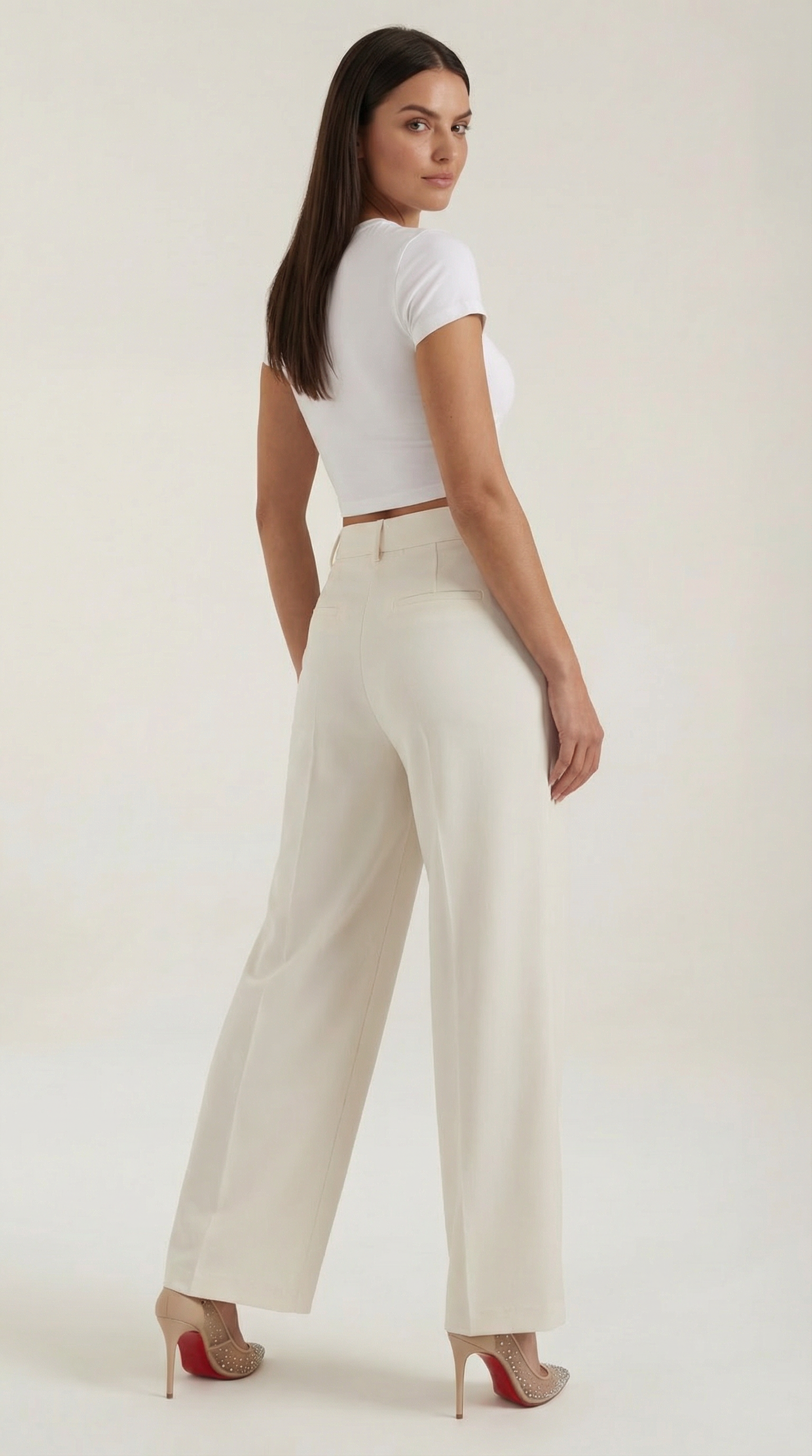 Pantaloni Chino Donna a Gamba Larga Vita Alta